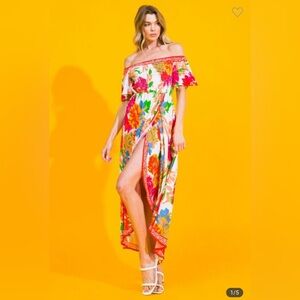 Flying Tomato Off-Shoulder Floral Wrap Midi Dress in White Multi